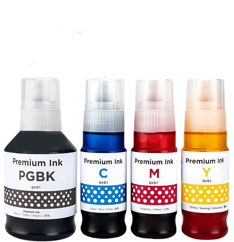 Pack 4 flacons d'encre Canon GI-51 compatibles noir, cyan, magenta, jaune — PIXMA G 1520, G 2520