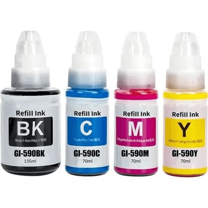 Pack 4 flacons d'encre Canon GI-590 compatibles noir, cyan, magenta, jaune — PIXMA G1500, G3500