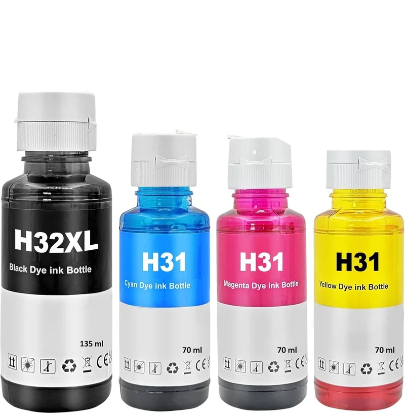 Pack 4 flacons d'encre HP 30/31/32 compatibles noir, cyan, magenta, jaune — Smart Tank 550, 570, 315